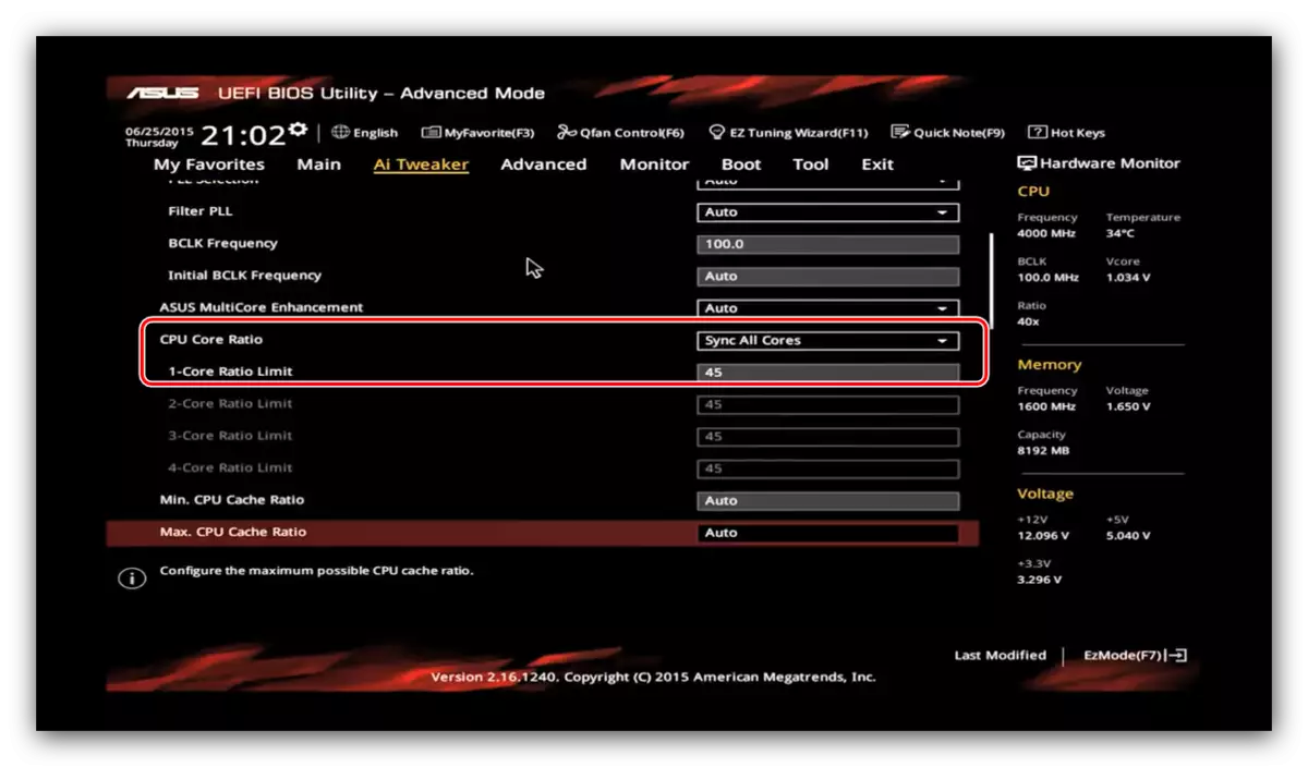 İşlemcinin Overclock'a Asus BIOS'taki çekirdeğe bir çarpan ayarlayın.