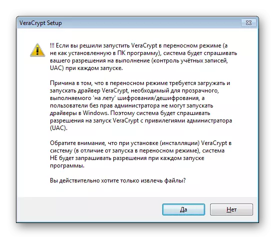 Segunda advertencia para extraer os ficheiros do programa Veracrypt na unidade flash USB