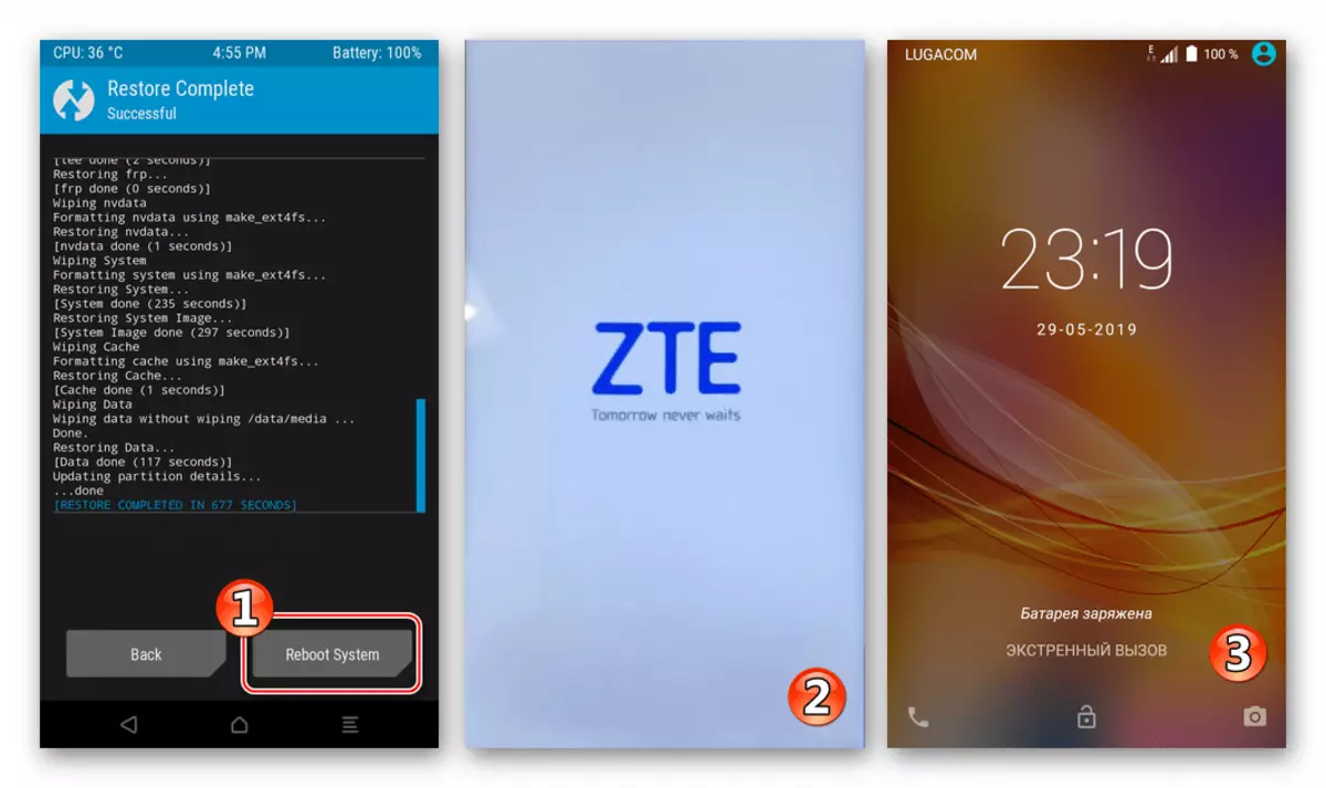 ZTE Blade X3 Restoration of the official firmware from the backup via TWRP is completed, rebooting into the system