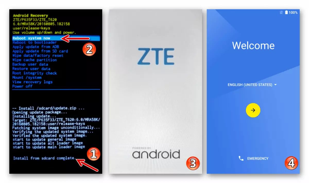 ZTE Blade X3 repornește în Android după firmware prin recuperarea fabricii