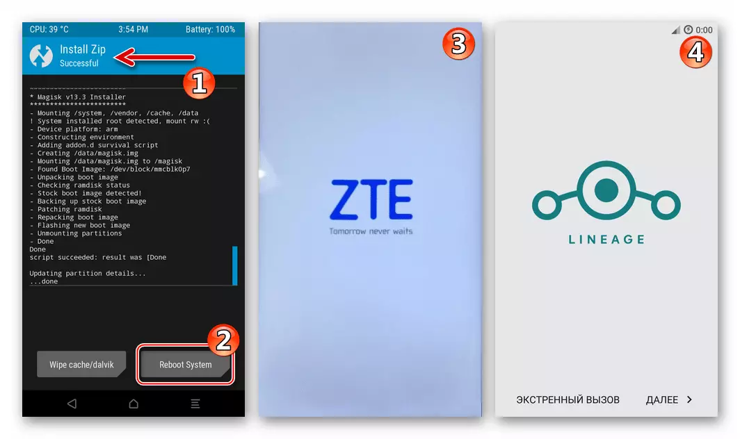 ZTE Blade X3 TWRP Completing the installation of custom firmware, rebooting in OS
