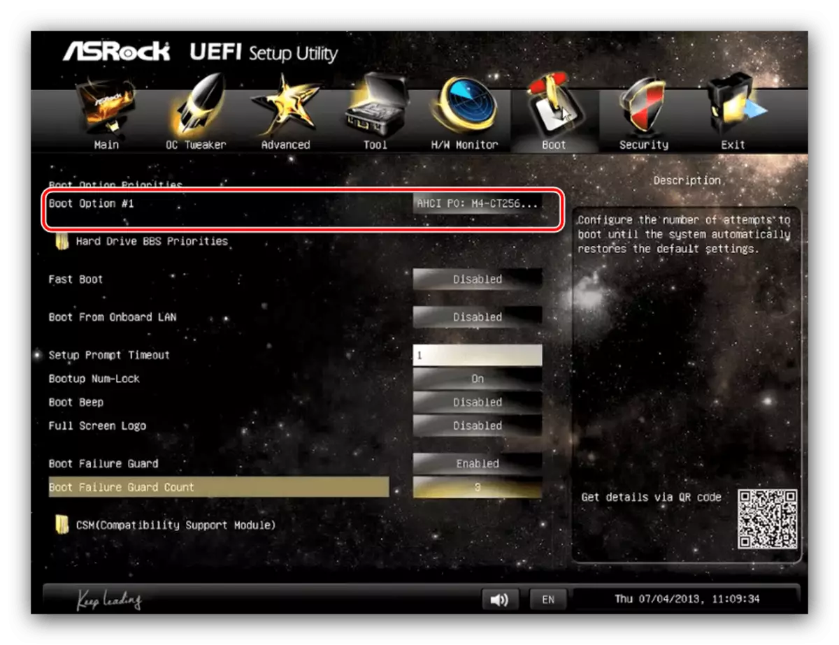 Prilagodite prednost v Asrock UEFI, da namestite disk kot glavni nosilec