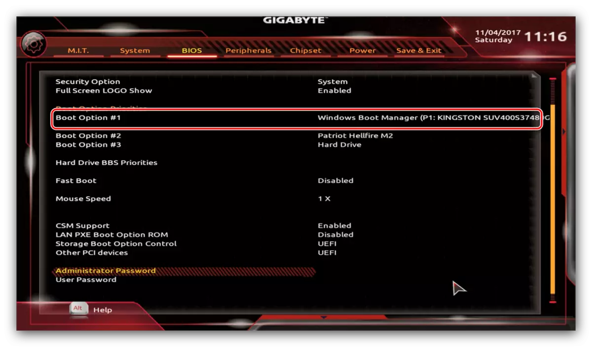Selecting a Gigabyte BIOS drive to install a disk as the main carrier