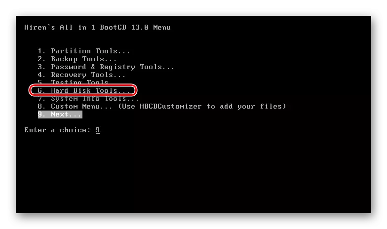 Sélection d'outils de disque dur dans le bootcd de Hiren