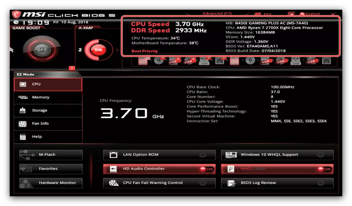 RAM i CPU frekvencija u BIOS-Lite sučelje MSI