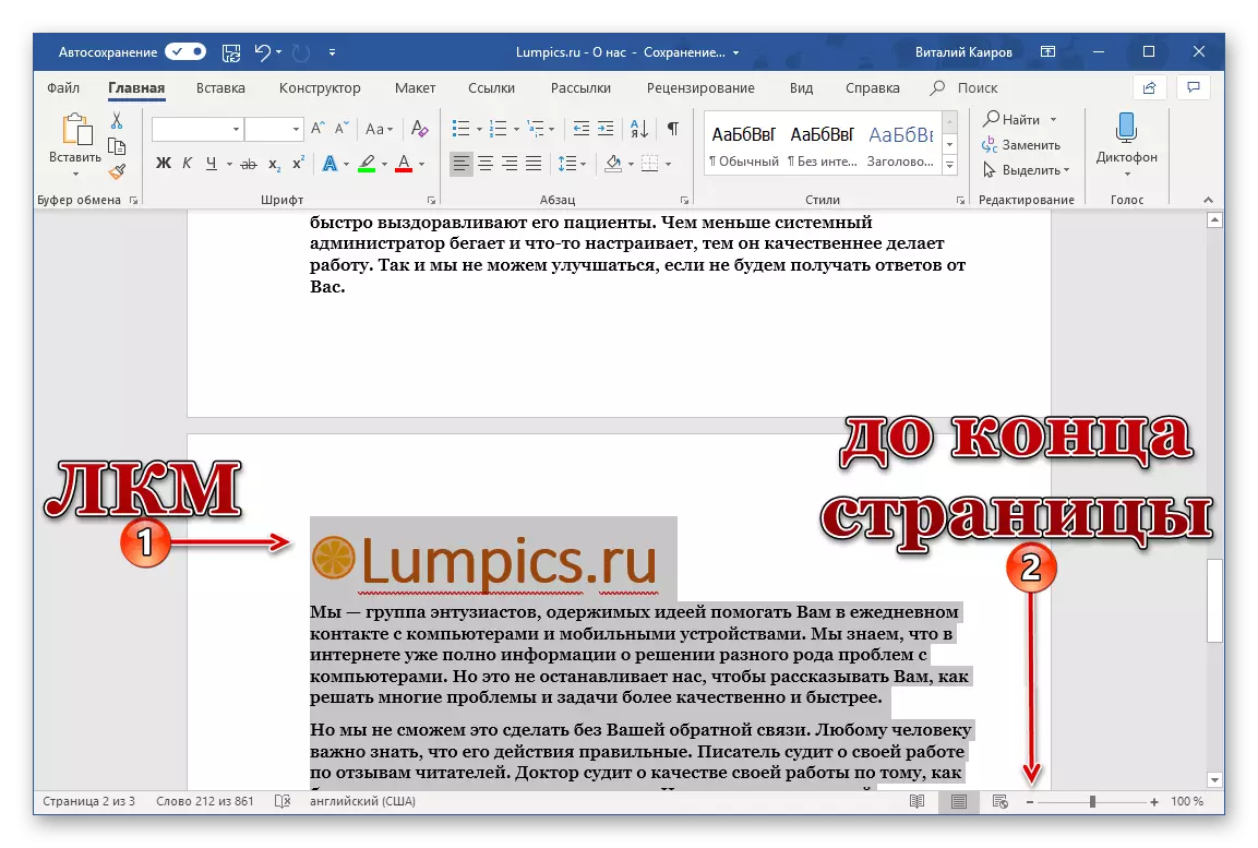 Valg af en side af dokumentet ved hjælp af musen i Microsoft Word-programmet