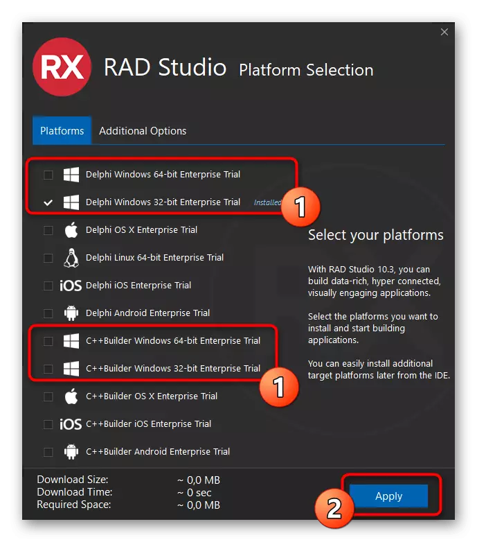Pag-download ng mga kinakailangang sangkap para sa Embarcadero Rad Studio Development Environment