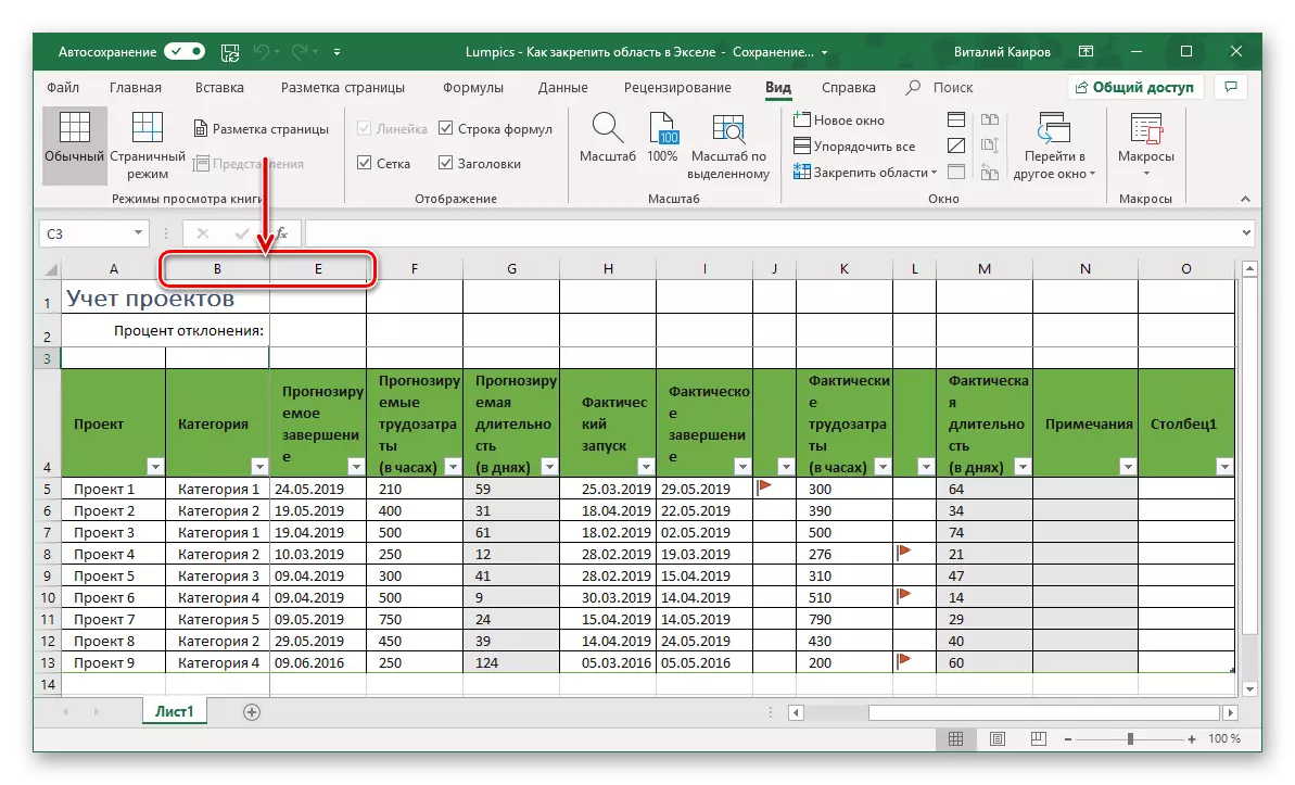 พื้นที่ของคอลัมน์ถูกประดิษฐานอยู่ในตาราง Microsoft Excel