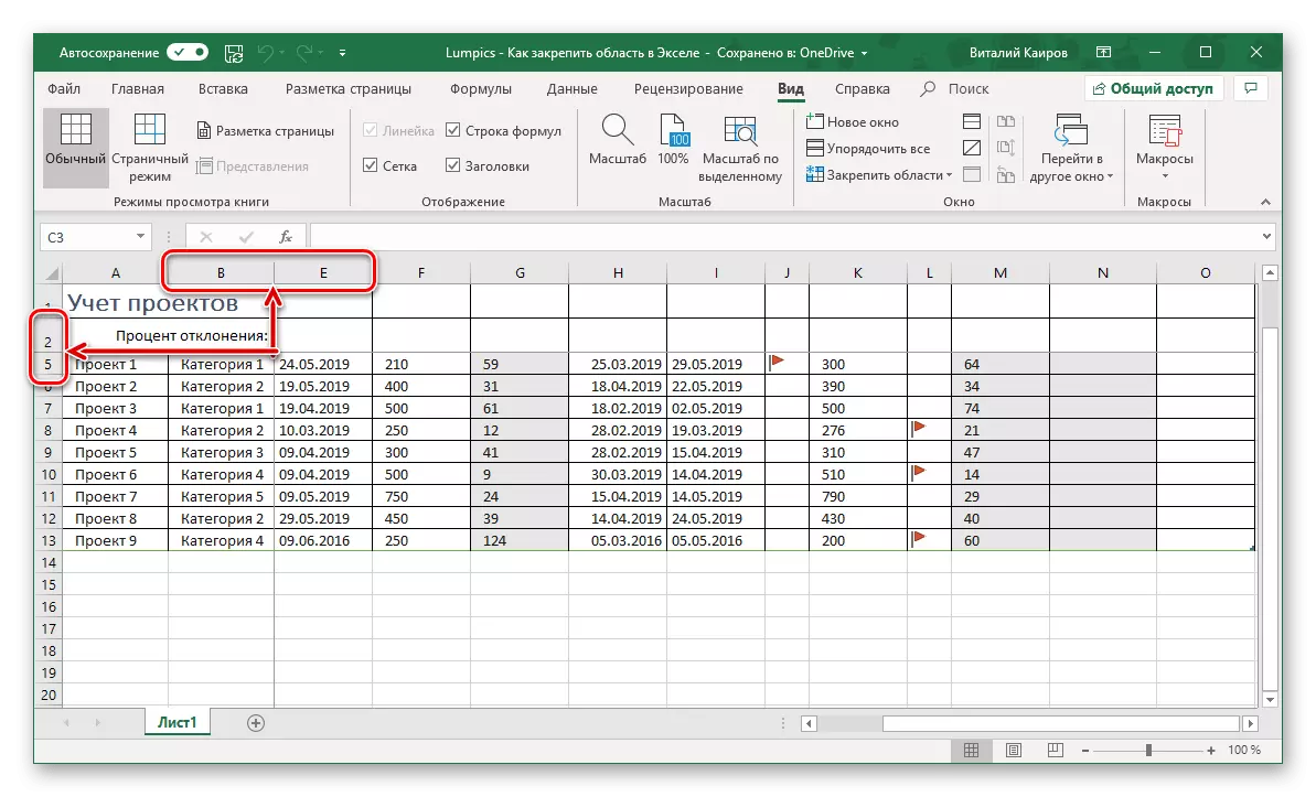 Η περιοχή των στηλών και των σειρών είναι φραγμένη στο τραπέζι του Microsoft Excel