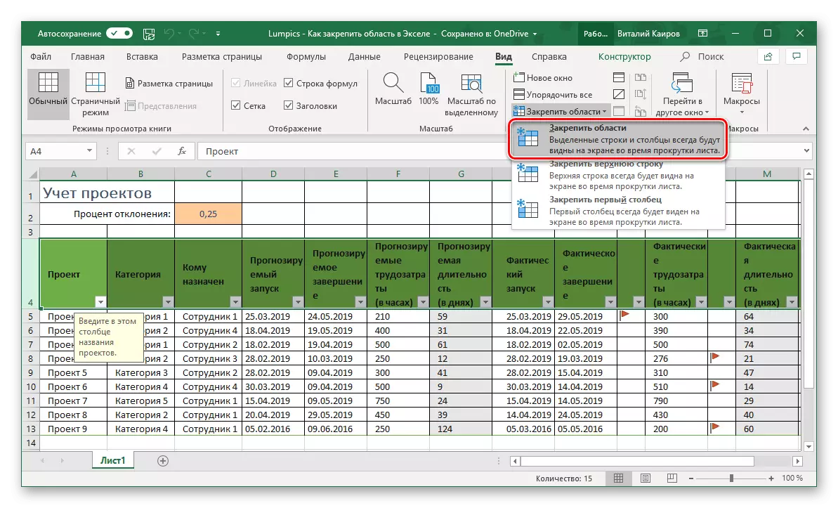 לאבטח את האזור מהשורות בטבלת Microsoft Excel