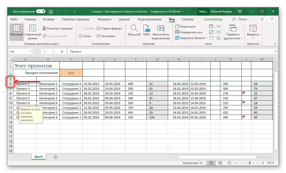 In foarbyld fan in suksesfolle opdracht fan it gebiet fan 'e rigen yn' e Microsoft Excel-tabel