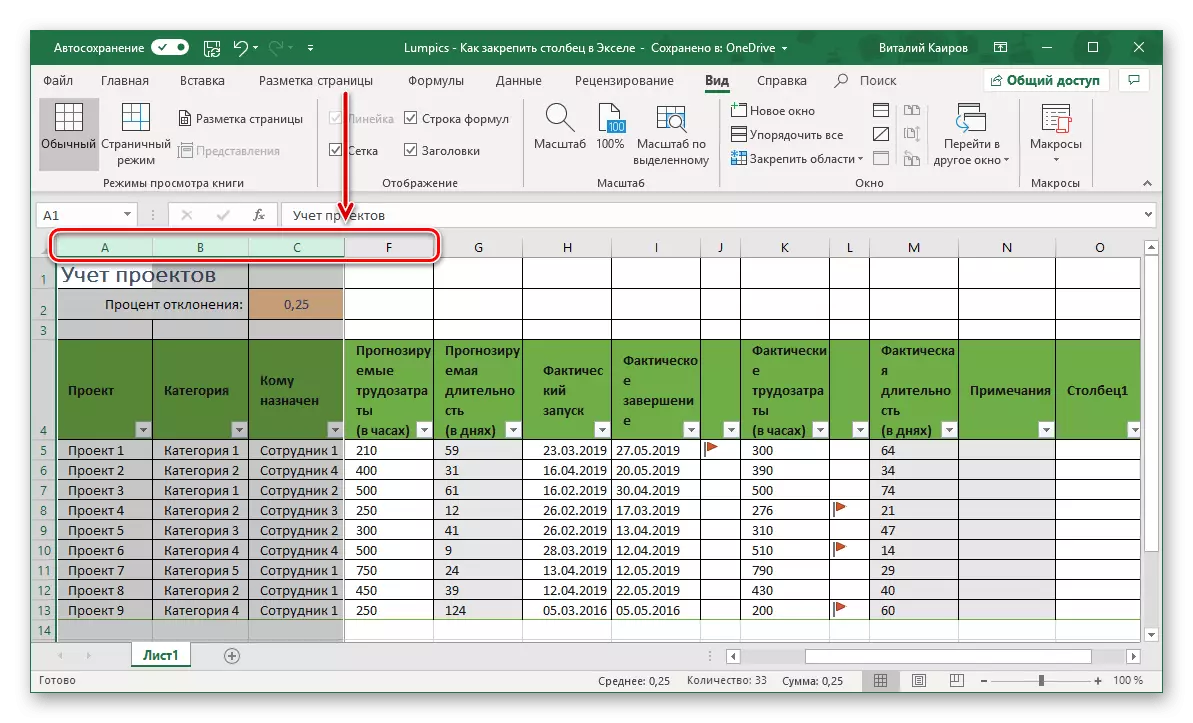 דוגמה לקיבח מוצלח של אזור העמודות בטבלת Microsoft Excel