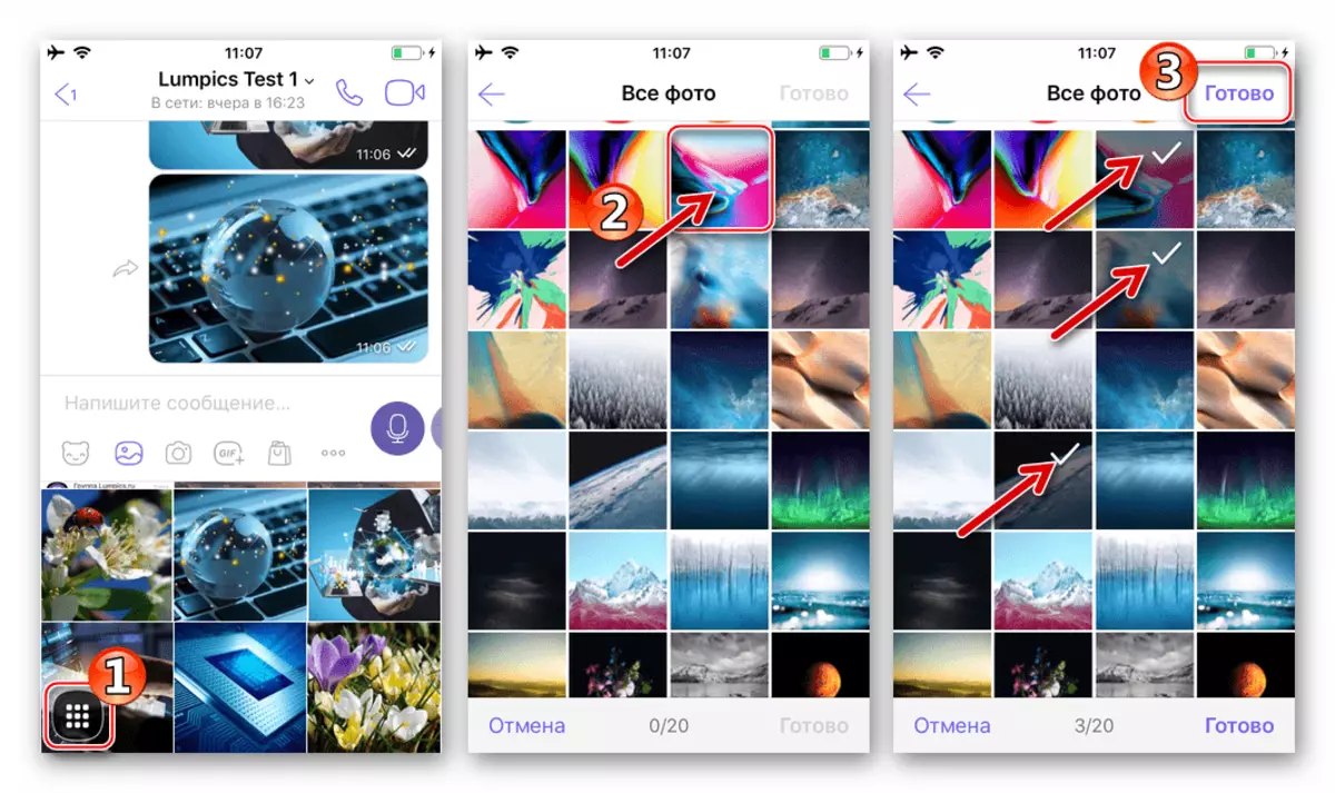 Viber for iPhone-utvalg av bilder fra enhetens minne for å sende gjennom Messenger