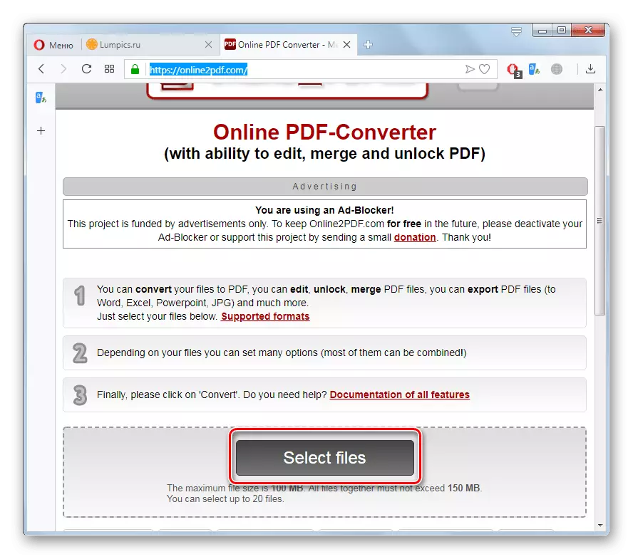 Перехід у вікно вибору файлу PPT для перетворення на сайті Online2PDF в браузері Opera