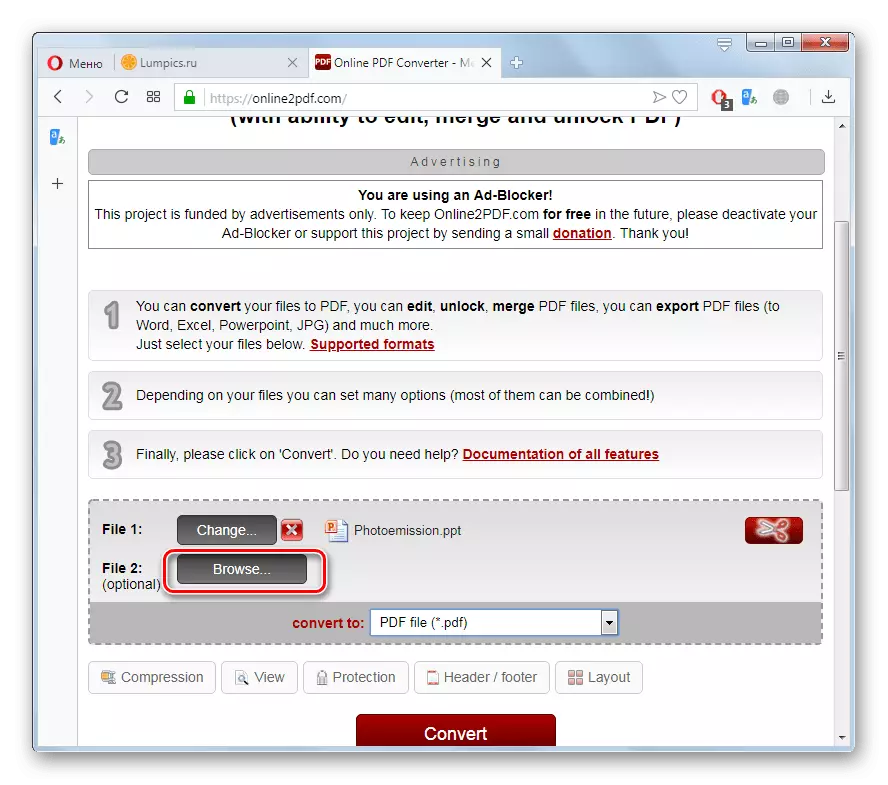 Beralih ke tetingkap Memilih fail fail PPT untuk menukar laman web dalam talian2pdf dalam pelayar Opera