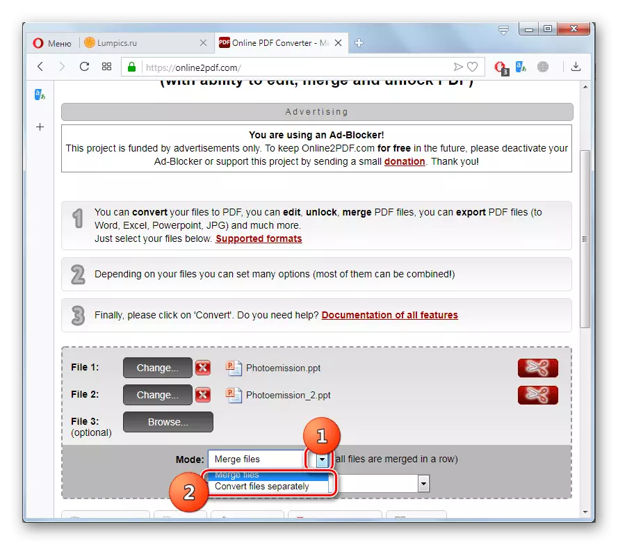 Opera 브라우저에서 Online2PDF 웹 사이트에서 PPT 파일 변환 옵션 선택