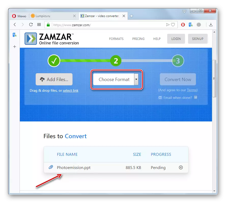 Übergang zur Auswahl der Umwandlungsrichtung auf der Zamzar-Website im Oper-Browser