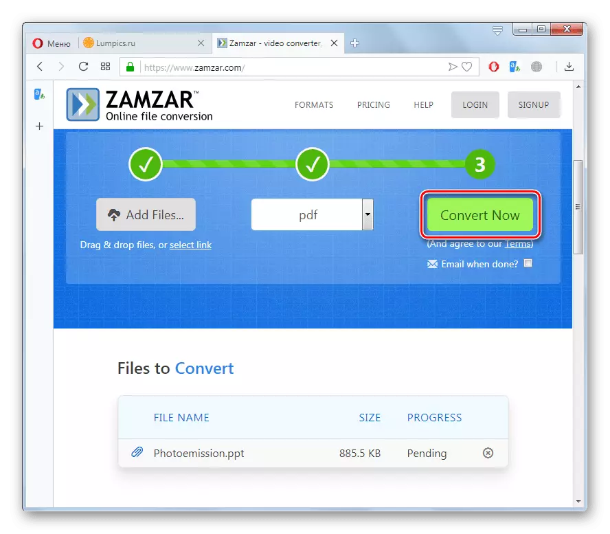 Kjører PPT-filkonvertering i PDF på Zamzar-nettsiden i Opera-nettleseren