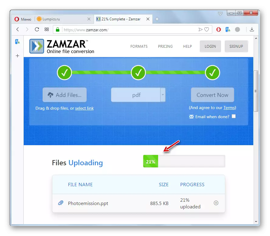 PPT ფაილის კონვერტაციის პროცედურა PDF- ში Zamzar- ის ვებ-გვერდზე Opera Browser- ში
