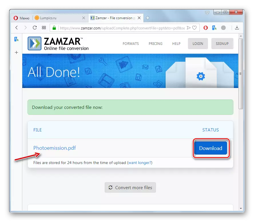 Ga naar het onderhouden van een PDF-kant-en-klare PDF-computer op de Zamzar-website in Opera-browser