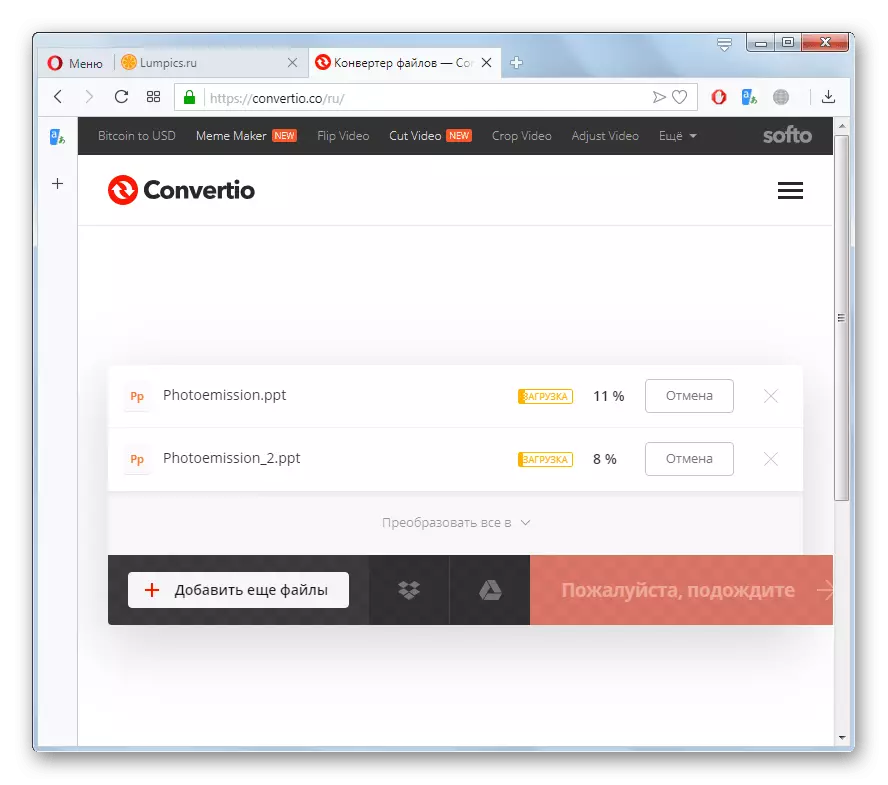 Postup konverzie súborov PPT v PDF na webovej stránke spoločnosti Convertio v Opera Browser