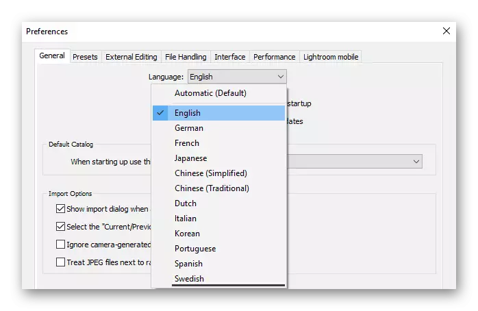 Canvi del llenguatge d'interfície al programa Adobe Lightroom