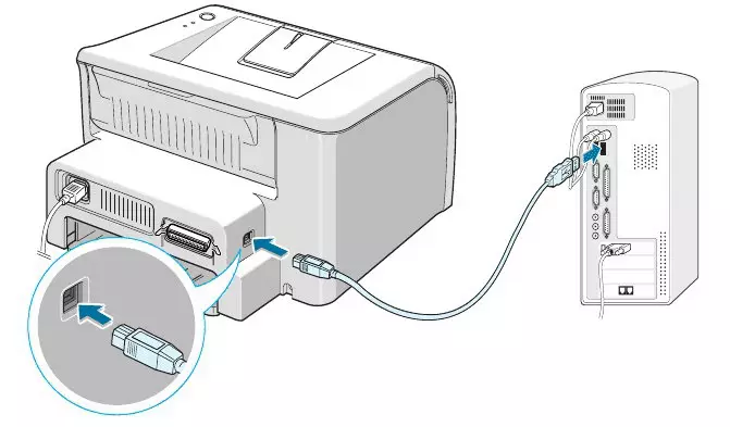 Die koppeling van die HP LaserJet P1102 drukker na 'n rekenaar via 'n USB-kabel