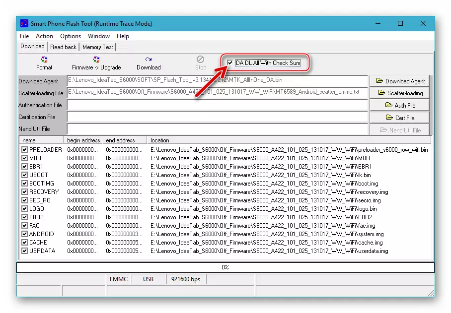 Lenovo IDEATAB S6000 SP Flash Tool beállítás a Checkbox DA DL-ben az összes ellenőrzési összeggel