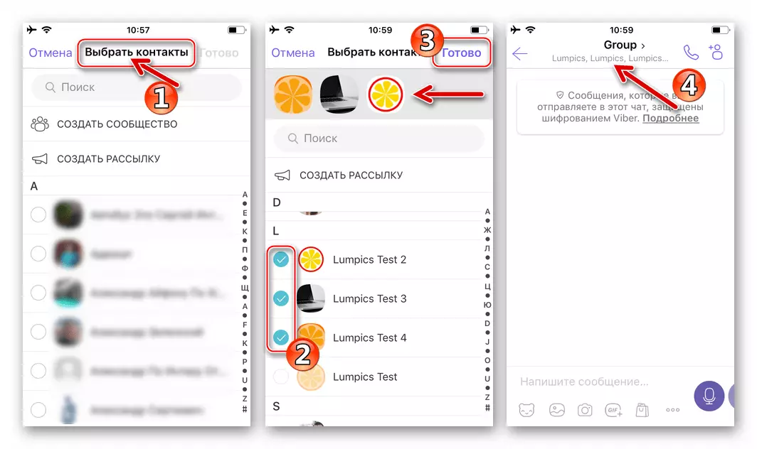 Viber pro iPhone Vytvoření skupiny v Messengeru - výběr účastníků adresy