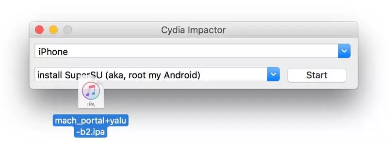 El proceso de instalación de la aplicación en el iPhone en el programa Cydia Impactor en la computadora que pasa por alto la App Store