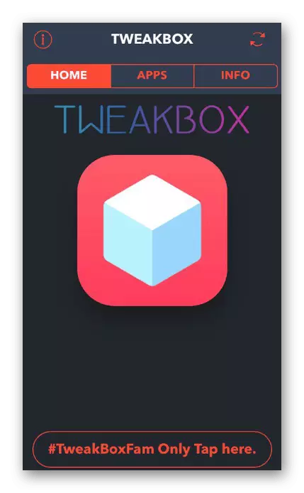 Jandéla utama program Tweakbox dina iPhone pikeun masangkeun aplikasi Toko App