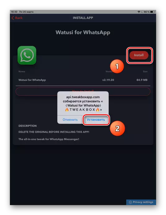 Inštalačný proces Watusi pre aplikáciu WhatsApp v TweakBox na iPad