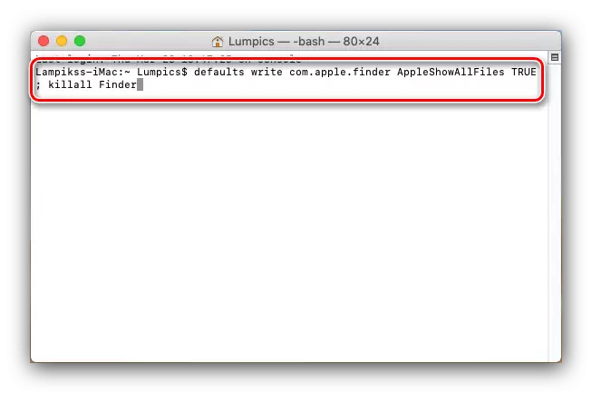 Introduceți comanda de afișare a fișierelor MacOS ascunse în terminal