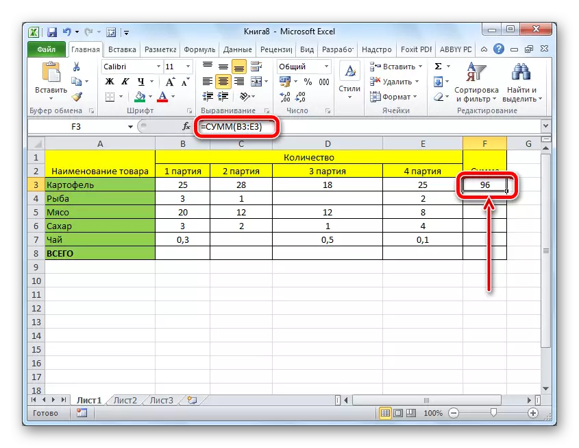 Microsoft Excel- ის ცხრილში თვითმმართველობის გამოჩენილი ფორმულის გამოყენებით თანხის გაანგარიშების შედეგი
