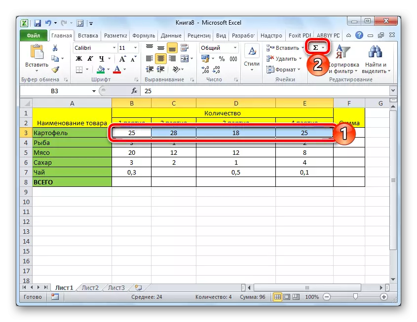 Summation af værdier i tabellen ved hjælp af en bil mosmy i Microsoft Excel