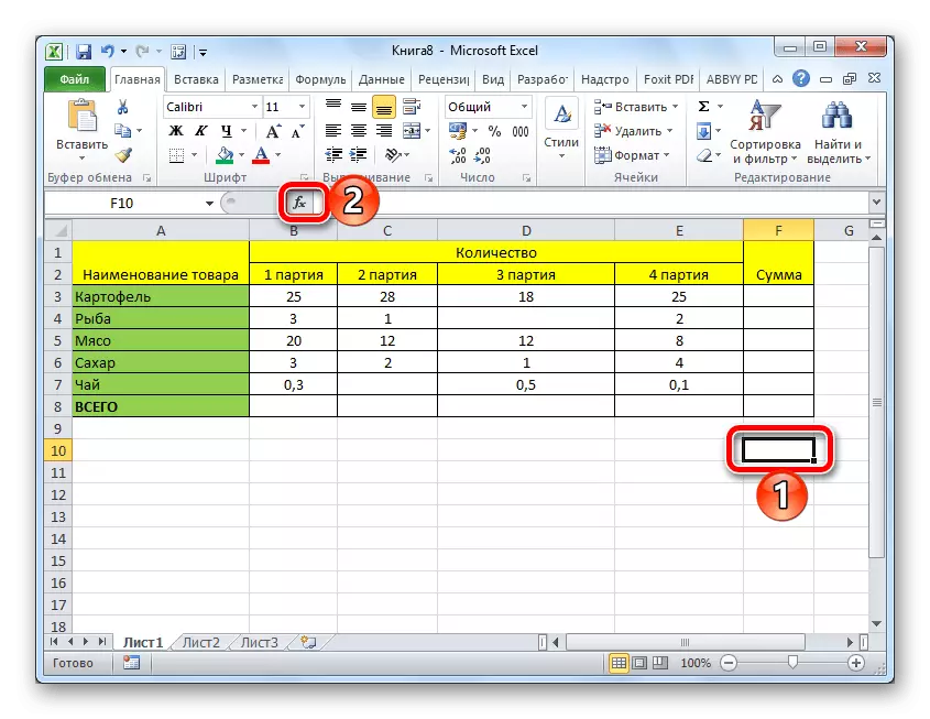 Gå til brug af mængden af ​​beløbene i Microsoft Excel-tabellen