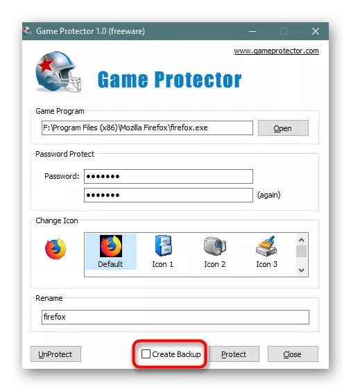 Стварэнне рэзервовай копіі выкананага файла Mozilla Firefox у Game Protector
