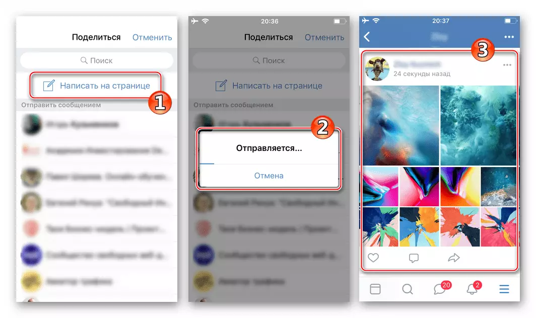 Vkontakte para os documentos do iPhone a partir da readdle colocando un paquete de fotos na parede da rede social