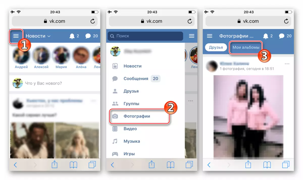 Vkontakte no iPhone - Transición á sección My ALBUMS da fotografía da rede social para descargar imaxes a través dun navegador para iOS
