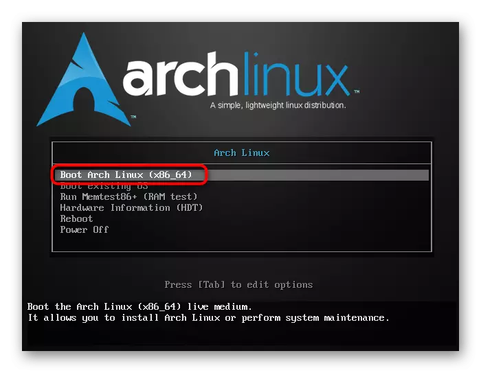 Transition to the Live Mode of Installation of the Arch Linux operating system
