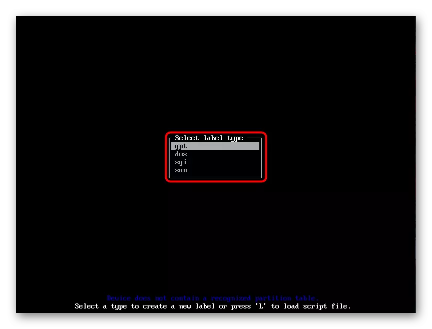 Select the type of hard disk markup to install Arch Linux