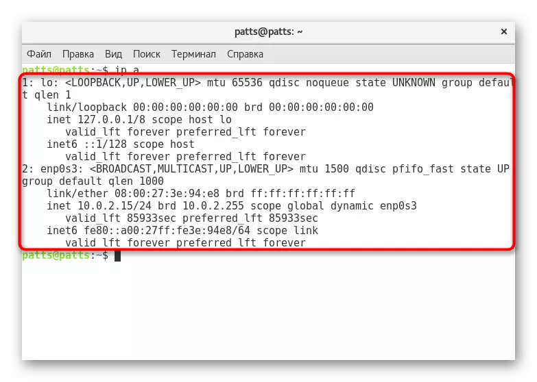 Прикажување на информации при извршување на командата IP во Debian 9