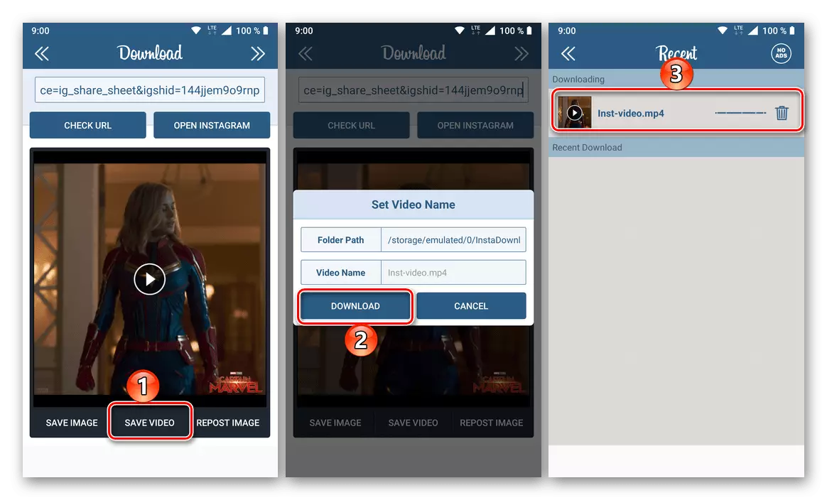 Mengunduh video dari Instagram di aplikasi Insg Dowload di telepon dengan Android