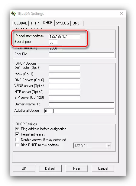 Setélan alamat DHCP di TFTP pikeun ngonpigurasikeun Windows 10 Windows Invalitions dina jaringan