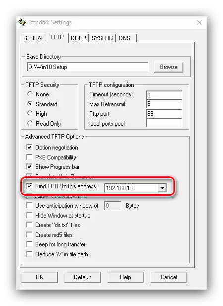 Paramedies adresat në TFTP për të konfiguruar serverin e instalimit të Windows 10 mbi rrjetin