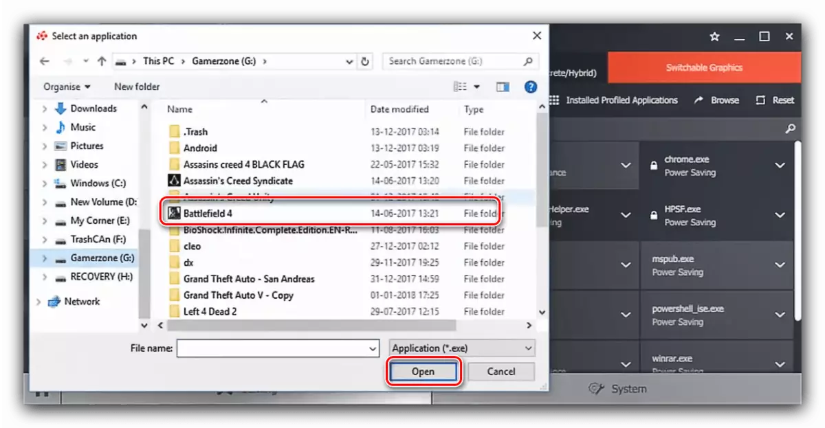 Selecione o arquivo executável para configurar o perfil do drivers para alternar as placas de vídeo no laptop HP
