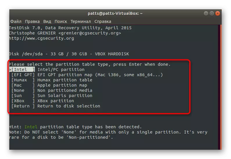 Piliin ang format ng testdisk partition sa Ubuntu.