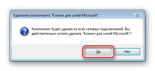 Confirmación de la eliminación del cliente componente para las redes de Microsoft en las propiedades del adaptador de red en Windows 7