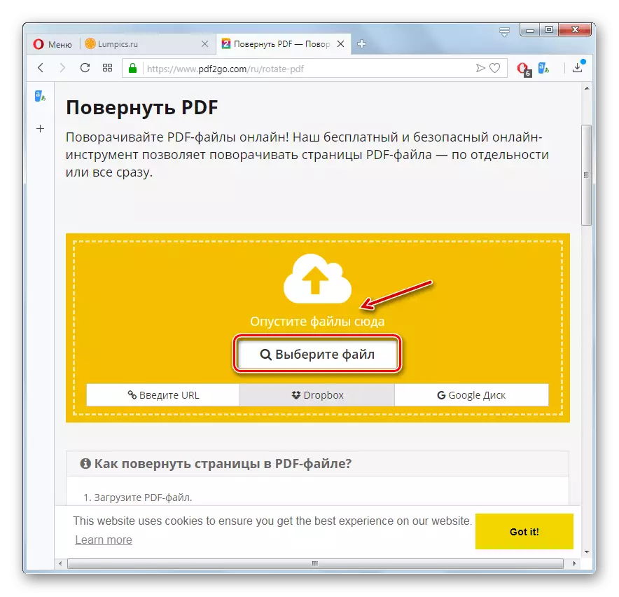 Accédez à la fenêtre de sélection de fichier PDF sur le site Web PDF2Go dans le navigateur Opera