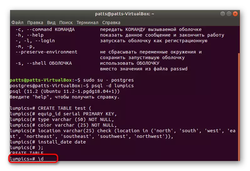 Visar den skapade PostgreSQL-tabellen i Ubuntu
